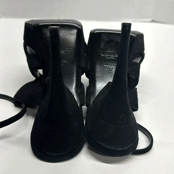 Yves Saint Laurent YSL High Heels Shoes Open Toe T-Strap Suede Black Size 37 / 7 - Picture 8 of 11